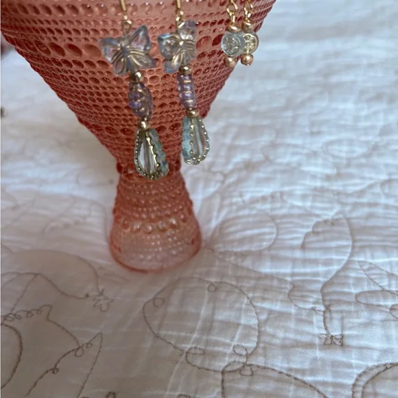 Gold and Crystal Butterfly Drop Earrings - Picture 2 of 3